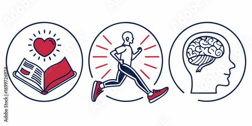 Healthy lifestyle icons brain, running, and reading for wellness