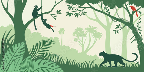 Monkeys swinging in trees and a panther walking in a lush jungle