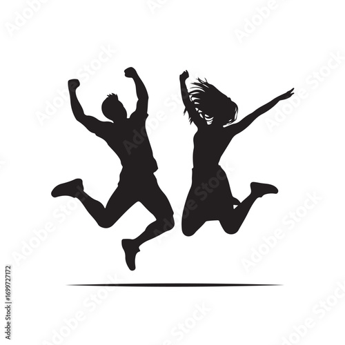Black silhouette of a man and woman jumping joyfully