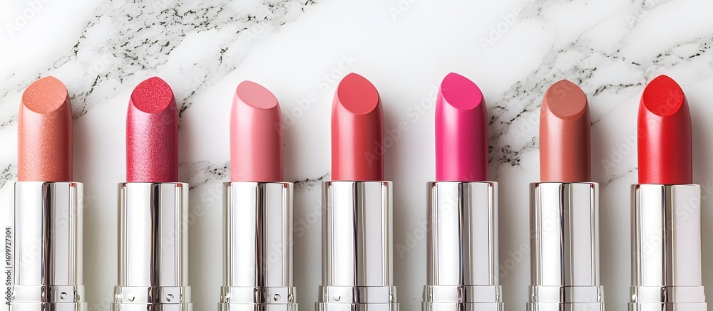 Obraz premium Row of assorted pink and red lipsticks with a marble background