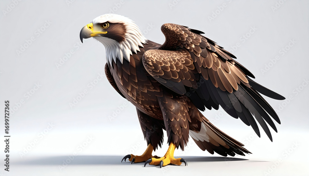 Fototapeta premium Realistic 3D desert eagle icon on white background, detailed feathers and talons, lifelike bird of prey, high-quality 3D rendering, minimalistic wildlife design element