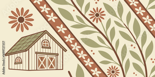 Rustic barn and floral pattern, country style illustration
