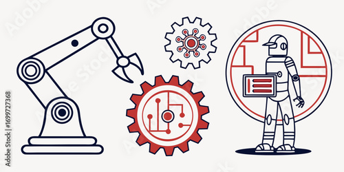 Robot arm, gears, and robot holding tablet, technology concept