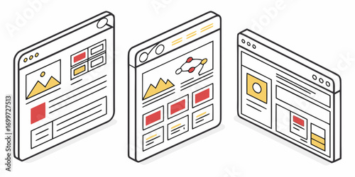 Three isometric web browser windows displaying website layouts