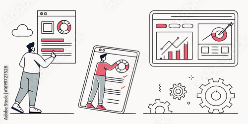 People interacting with website analytics and gears