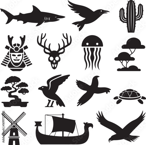 Collection of diverse silhouette icons including animals plants and objects Keywords: shark bird