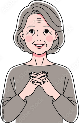 Illustration of a smiling senior woman with hands clasped together