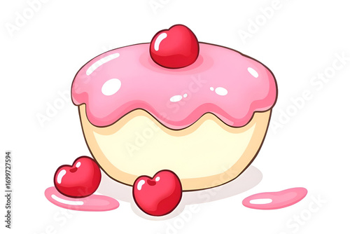 Adorable cartoon cupcake with glossy pink frosting and cute heart-shaped cherries, isolated on a white background illustration