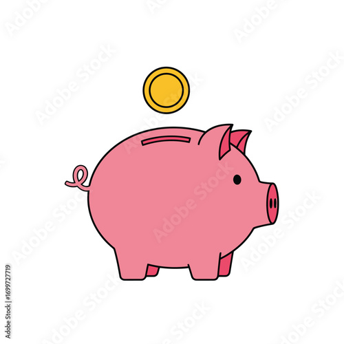 Pink piggy bank with a gold coin dropping into its slot. Savings, finance, and wealth concept illustration.