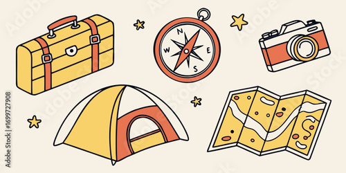Travel and camping essentials including a suitcase, compass, camera, tent, and map