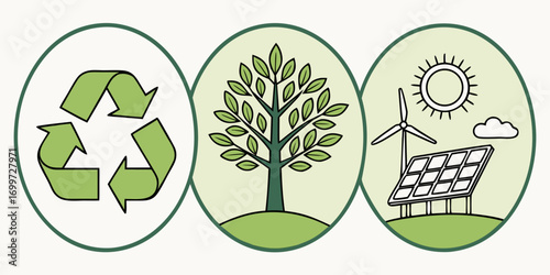 Eco friendly icons recycling, tree, and renewable energy