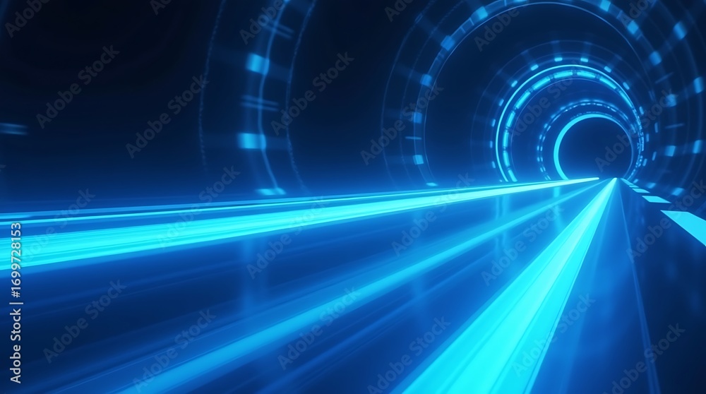 Obraz premium Futuristic tunnel with blue light trails and glowing neon lines