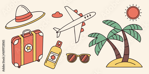 Summer vacation travel icons with airplane, suitcase, palm tree, sun
