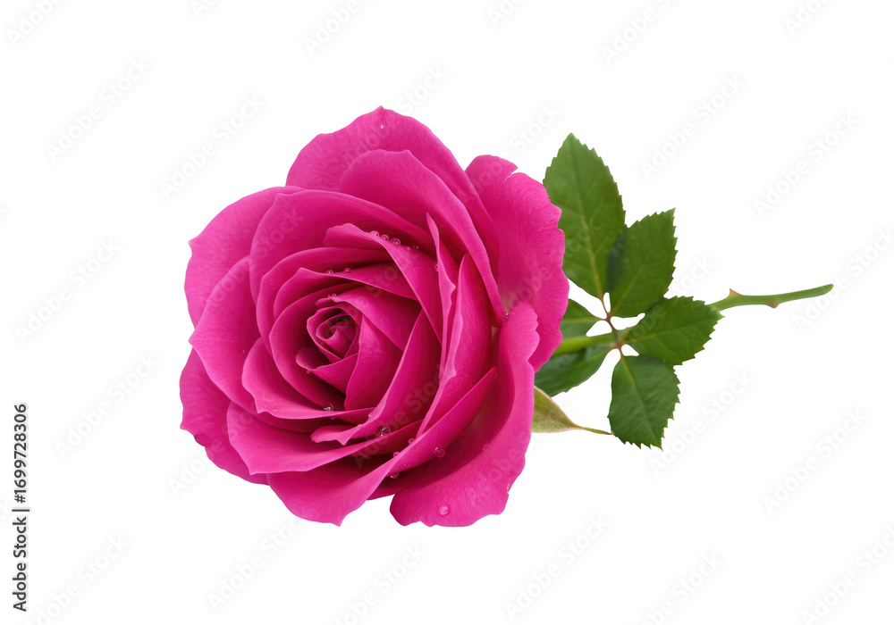 Fototapeta premium Isolated pink rose flower with stem, leaves, and water droplets, romantic floral blossom