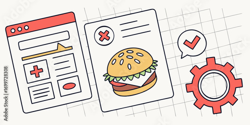 Burger recipe and online form with checkmark and gear