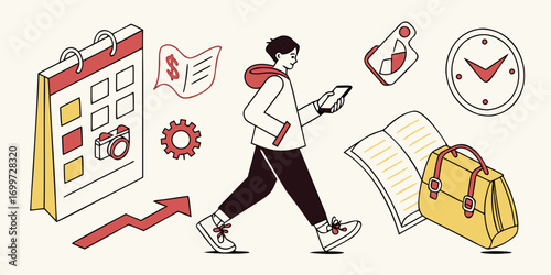 Man walking with phone, calendar, and bag, surrounded by business icons