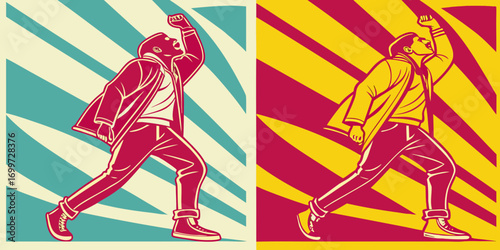 Man in retro style with raised fist and determined expression