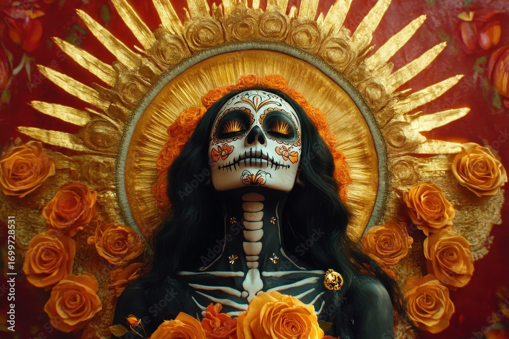 Obraz premium A serene depiction of a female figure adorned with intricate skull makeup and surrounded by vibrant orange flowers, evoking a sense of peace and beauty in a halo-like arrangement of gold.