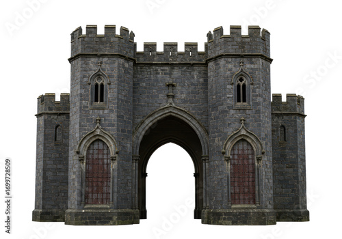 Canvas Print Isolated medieval castle entrance gatehouse to a fortress or town on a plain bac