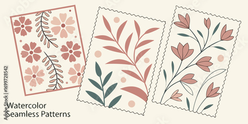 Watercolor seamless patterns with floral and leaf motifs