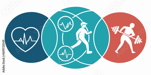Health and fitness concept with heart, running, and weightlifting icons