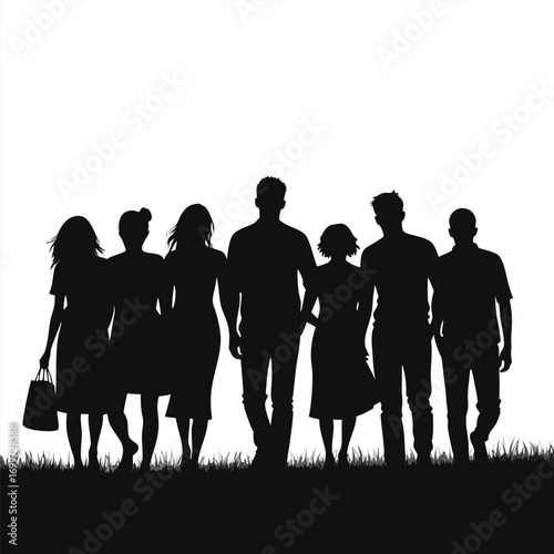 Silhouette of seven people walking together in grass
