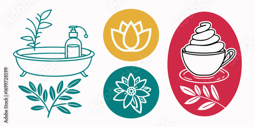 Relaxation and selfcare icons bath, lotus, coffee, and plants