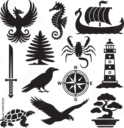 Fantasy and Nautical Silhouette Icons Collection Keywords: phoenix, seahorse, viking ship, sword