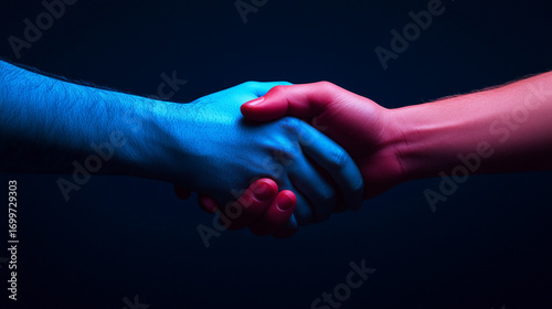Two hands blue and red shaking in the dark a symbolic gesture of unity or conflict