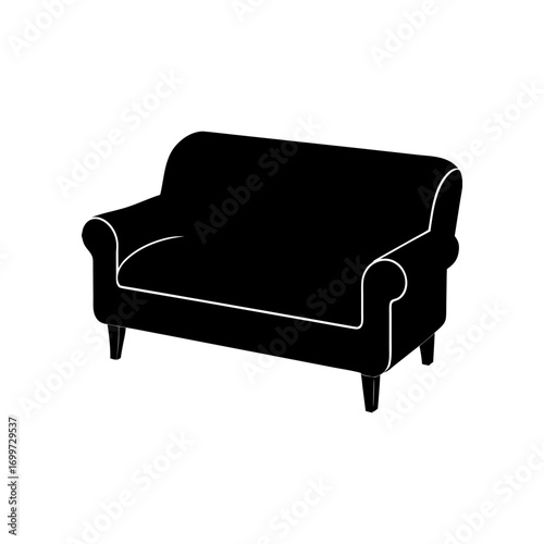 Isolated simple black sofa on transparent background silhouette
