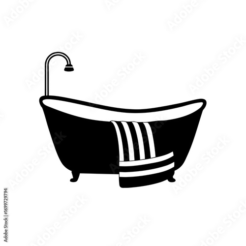 Bathtub with striped towel on transparent background silhouette