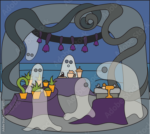 A ghost market set at the river bank, with a decorated architectural arch, guirlande with purple bells, a potted plant stall, coffee and cake stall and tools and drill stall. Halloween vector drawing.
