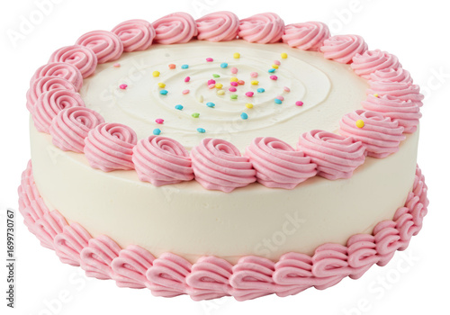 Foto Isolated celebration cake with colorful sprinkles and pink frosting rosettes dec