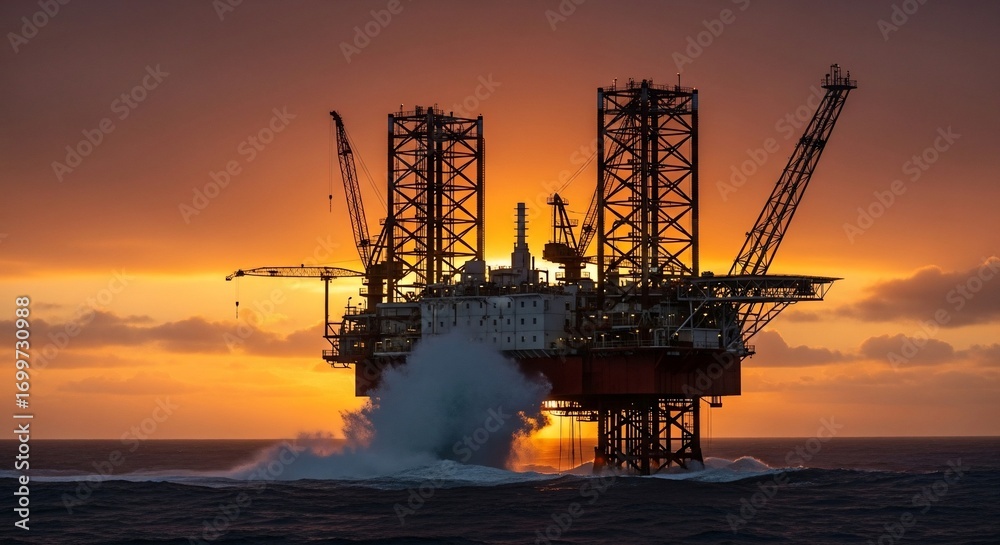Obraz premium Offshore Oil Rig Silhouette Against Fiery Sunset with Crashing Waves