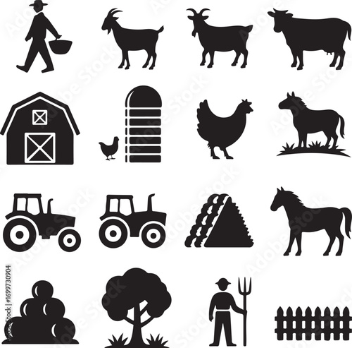 Set of sixteen black silhouette icons representing farm life and agriculture farmer basket