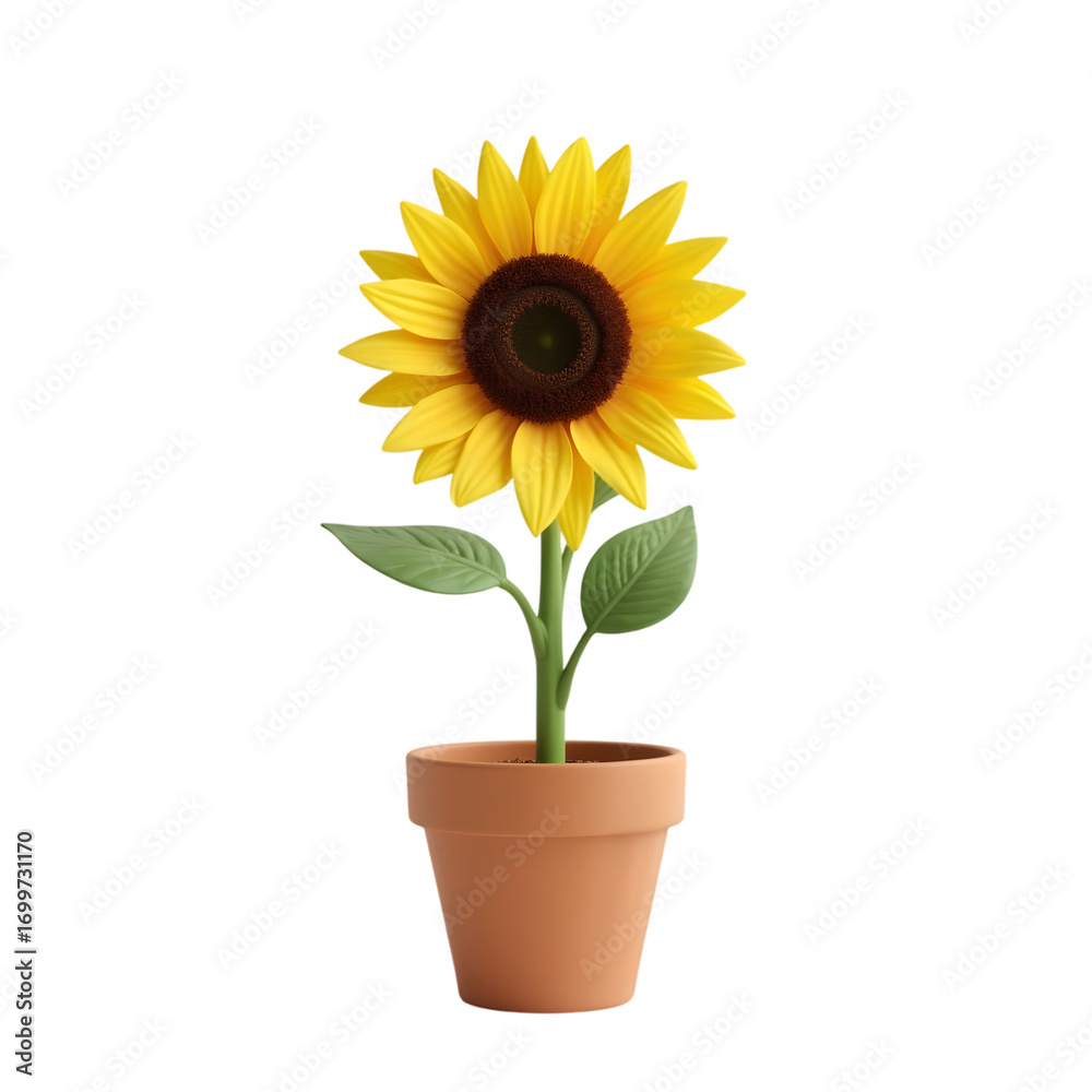 Obraz premium 3d sunflower in a pot on white background