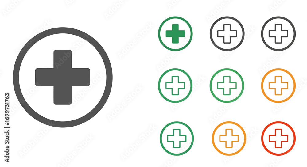 Obraz premium Variations of a plus sign in a circle icon.