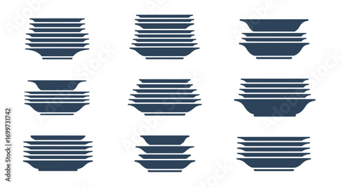 Stacks of blue plates and bowls on a white background.