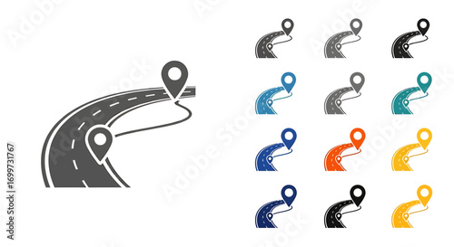 Set of colorful road map icons with location pins showing a route or journey from a starting point to a destination.