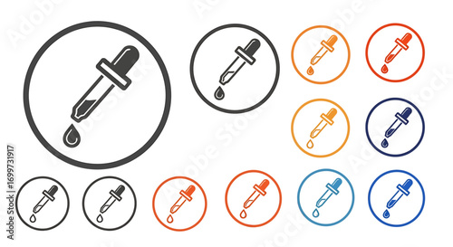 Collection of color variations of eyedropper icons in circles.