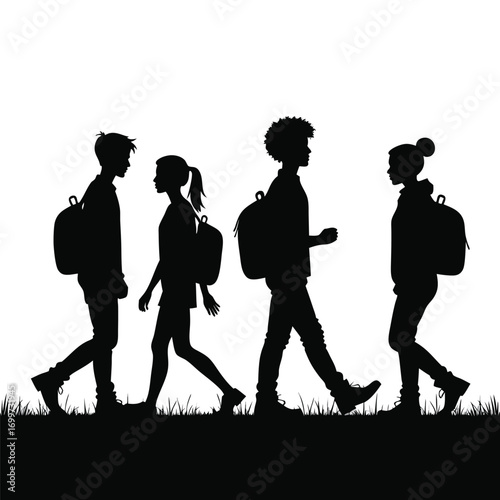 Students Walking with Backpacks Silhouette flux vector