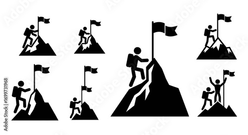 Silhouetted figures climbing mountains and planting flags at the peaks.