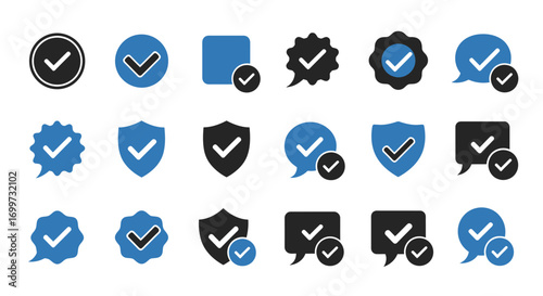Collection of various blue and black check mark icons in different shapes and designs.