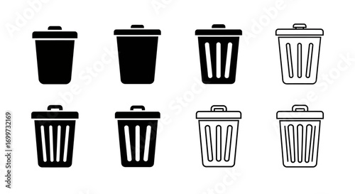 Collection of various trash can and waste bin icons in solid black and outline styles, suitable for digital interfaces.