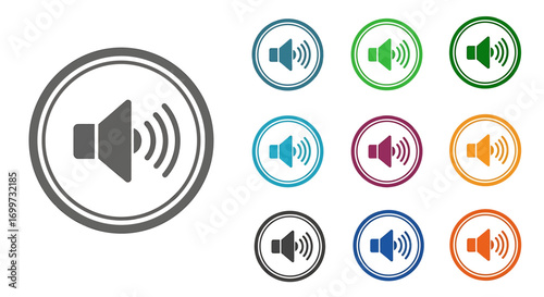 Collection of colorful speaker icons in circular frames, representing sound and audio.