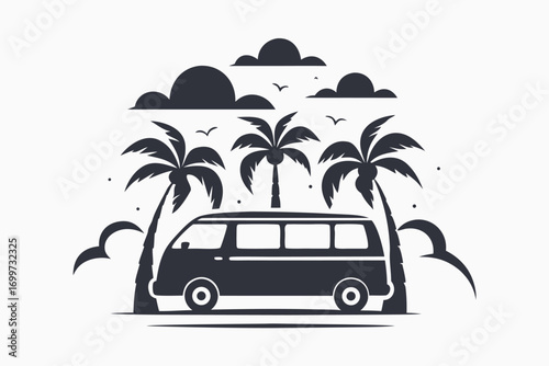 Beach Van with Palm Trees, Clouds and Birds on White Background