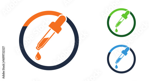 Illustration of a dropper with a drop of liquid inside a circle, in three color variations.