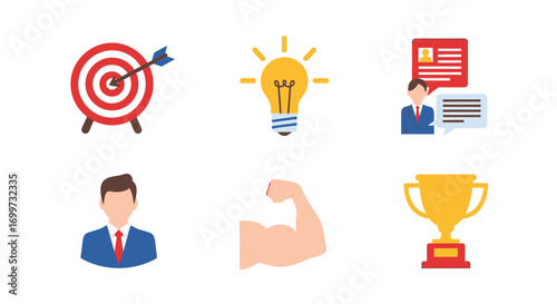 A collection of six colorful flat icons representing business success concepts like goals, ideas, strength, and achievement.