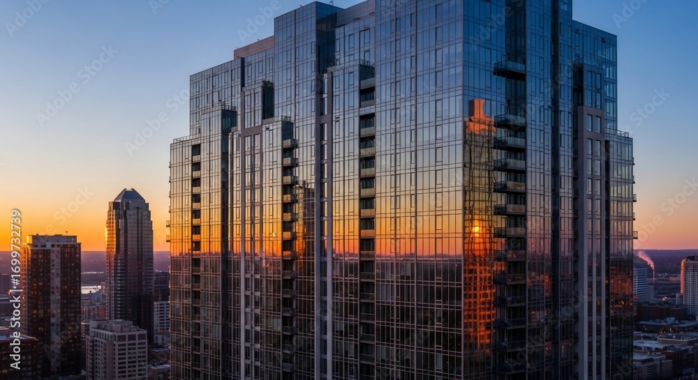 Obraz premium Sunset Reflections on Modern Glass Skyscraper in Urban Landscape