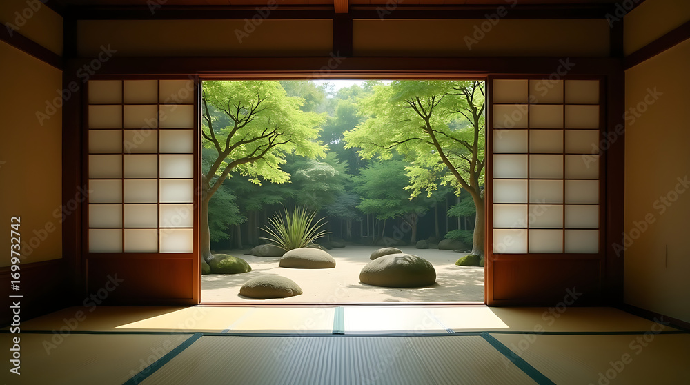 Naklejka premium Traditional Japanese Shoji Screen Room Opening to Lush Green Garden with Rocks and Trees graphic design
